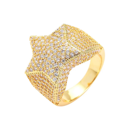 bague Étoile Ice en laiton plaqué or jaune 18 carats avec cristaux VVS2 de 2 carats