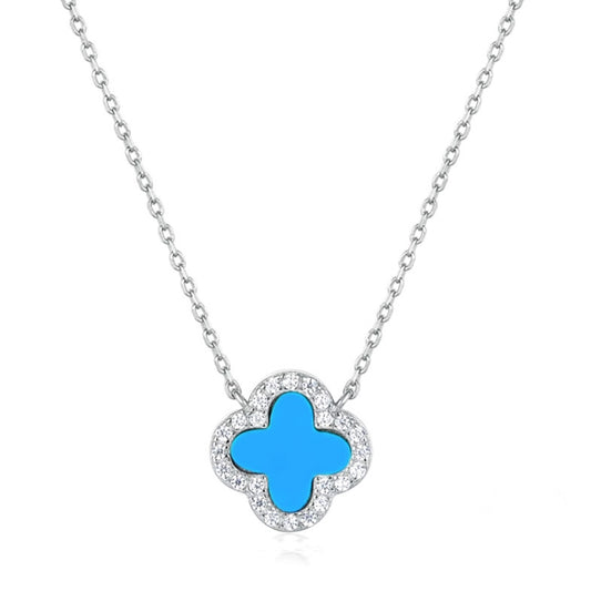 Collier Mélina Cœur Bleu en acier inoxydable plaqué or blanc 18 carats avec pendentif trèfle, cœur bleu et cristaux brillants